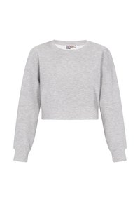 Grå kortärmad sweatshirt med lång ärm, runt halsringning och textilstruktur. Enkelt design, inga mönster eller anmärkningsvärda detaljer.