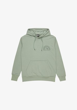Lichtgroene hoodie van zacht materiaal, met een kangoeroezak en een capuchon met trekkoord. Quiksilver-logo gedrukt op de borst.