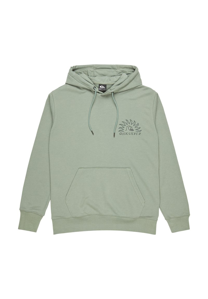 Light green hoodie made of soft fabric, featuring a kangaroo pocket and drawstring hood. Quiksilver logo printed on the chest.