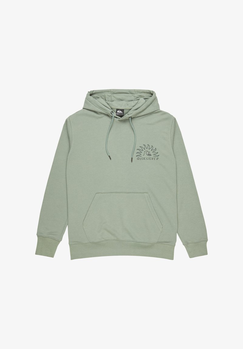 Sudadera verde claro hecha de una tela suave, con un bolsillo tipo canguro y capucha con cordón. Logo de Quiksilver impreso en el pecho.
