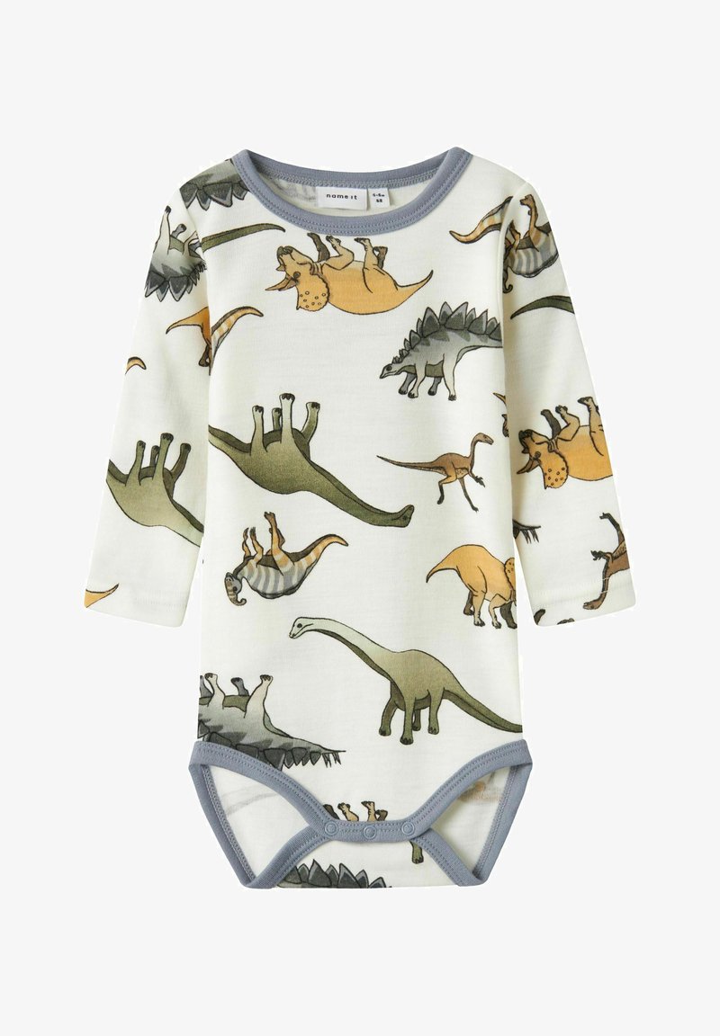 Ilgo rankovės kūdikio bodysuit'as, pagamintas iš švelnios medvilnės, su baltu fonu ir spalvingu dinozaurų spaudiniu, o apykaklė apjuosta pilka juostele.