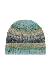 Berretto lavorato a maglia con risvolto, caratterizzato da righe orizzontali in tonalità di blu, verde, beige e un piccolo logo metallico rotondo sul polsino.