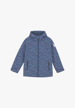 Blauwe regenjas met een capuchon, voorzien van een patroon van kleine regenbogen en horizontale strepen in paars en wit. Inclusief een rits aan de voorkant en zakken.