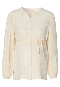 Blasscreme Maternity-Bluse mit strukturierten vertikalen Rillen, langen Ärmeln, einer Knopfleiste und einem Bindegürtel in der Taille.