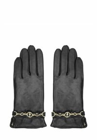Czarne skórzane rękawiczki z ozdobnym złotym łańcuszkiem o okrągłych ogniwach i centralnym detalem. Gładka faktura, klasyczny fason, pięć palców.