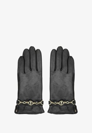 Czarne skórzane rękawiczki z ozdobnym złotym łańcuszkiem o okrągłych ogniwach i centralnym detalem. Gładka faktura, klasyczny fason, pięć palców.