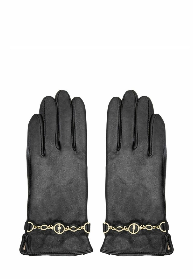 Czarne skórzane rękawiczki z ozdobnym złotym łańcuszkiem o okrągłych ogniwach i centralnym detalem. Gładka faktura, klasyczny fason, pięć palców.