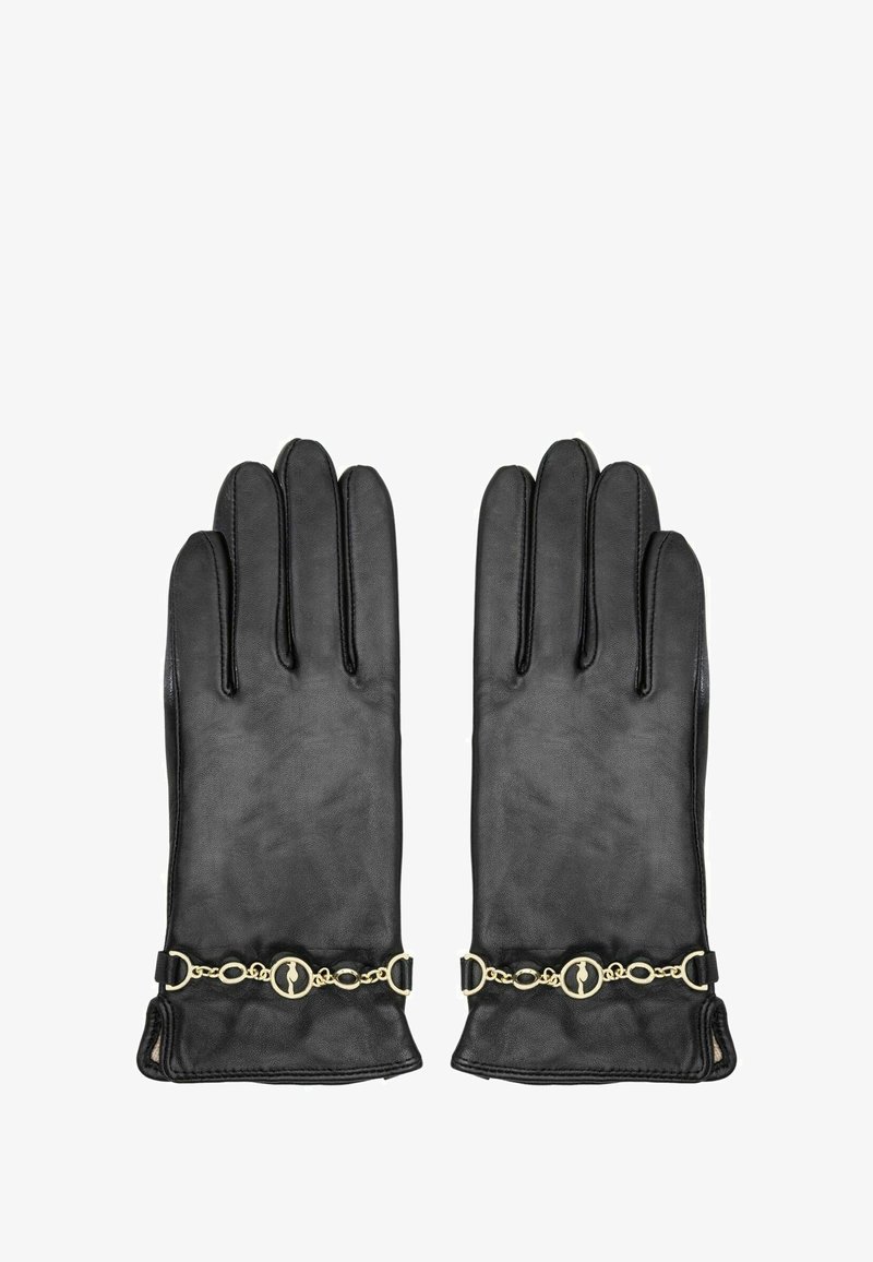 Czarne skórzane rękawiczki z ozdobnym złotym łańcuszkiem o okrągłych ogniwach i centralnym detalem. Gładka faktura, klasyczny fason, pięć palców.