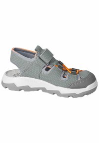 Graue Outdoor-Sandale mit einem Wabenmuster, orangefarbenen Akzenten, verstellbaren Riemen und einer robusten Sohle in Weiß und Grau für mehr Haftung.