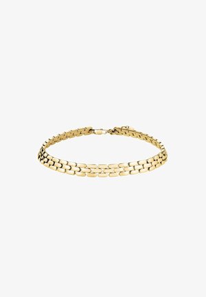 Gold chain bracelet featuring interlocking rectangular links with a polished finish. Secure clasp closure with a smooth texture.