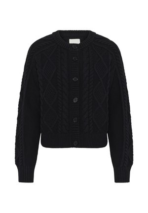 Black knitted cardigan featuring a cable-knit pattern, round neckline, and button front closure. Ribbed cuffs and hem enhance fit.