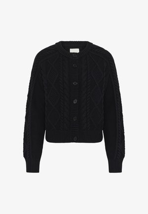 Black knitted cardigan featuring a cable-knit pattern, round neckline, and button front closure. Ribbed cuffs and hem enhance fit.
