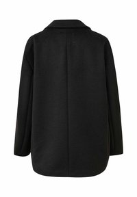 Manteau noir en laine oversize avec un col cranté et des manches longues. Texture lisse, silhouette droite, présentant une couture centrale dans le dos.