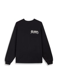 Schwarzes Langarm-Sweatshirt aus Baumwolle mit einem Rundhalsausschnitt. Verfügt über ein weißes grafisches Textdesign im linken Brustbereich.