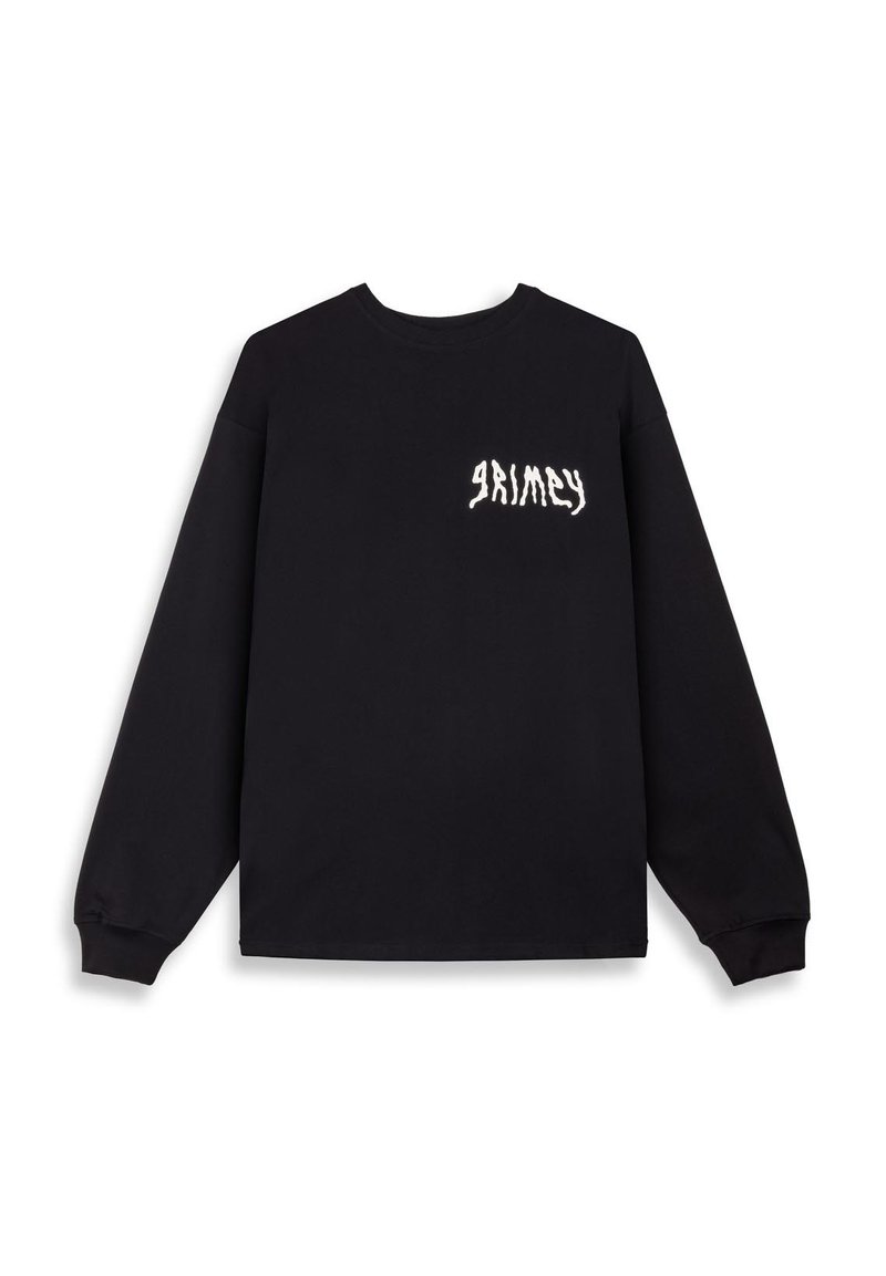 Schwarzes Langarm-Sweatshirt aus Baumwolle mit einem Rundhalsausschnitt. Verfügt über ein weißes grafisches Textdesign im linken Brustbereich.