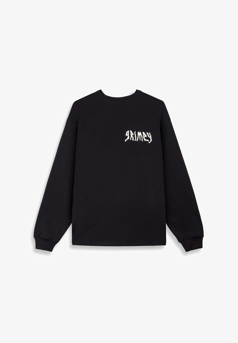 Schwarzes Langarm-Sweatshirt aus Baumwolle mit einem Rundhalsausschnitt. Verfügt über ein weißes grafisches Textdesign im linken Brustbereich.