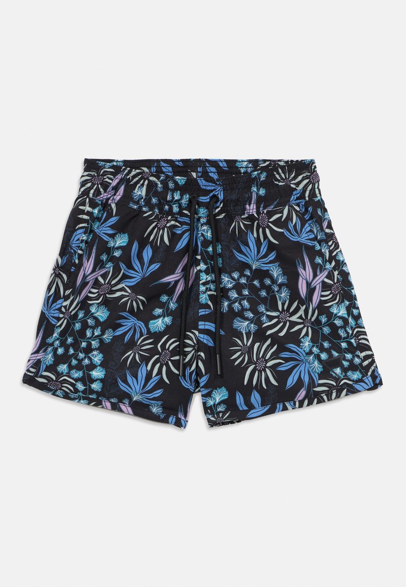 Μαύρα μαγιό σορτς με μπλε, λεβάντα και λευκά ανθισμένα σχέδια, ελαστική μέση και μαύρο κορδόνι στο κέντρο μπροστά.