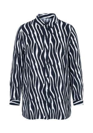 Langärmliges Hemd mit Knopfleiste, schwarz-weißem Zebramuster und spitzem Kragen.