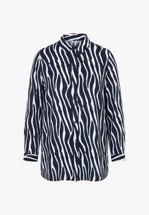 Langærmet skjorte med knapper og sort-hvid zebrastribet mønster samt spidst krave.