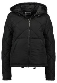 Black quilted puffer jacket with a hood, front zipper closure, and elastic cuffs. Features diamond stitching and drawstring at hem.