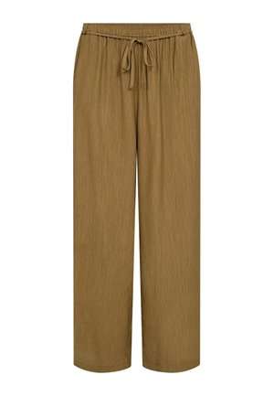 Pantaloni marroni a gamba larga con vita elastica e coulisse frontale, realizzati in tessuto strutturato.