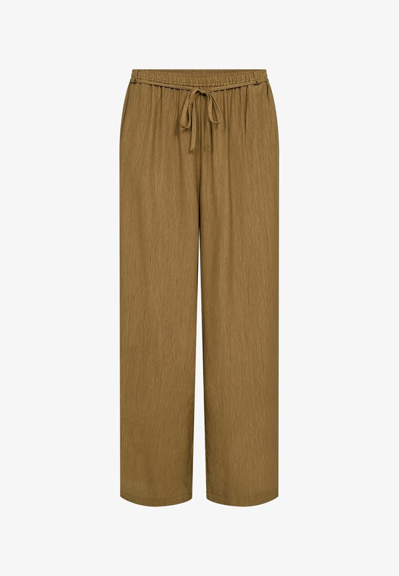 Pantalon marron à jambes larges avec une ceinture élastique et un cordon de serrage à l'avant, fabriqué en tissu texturé.
