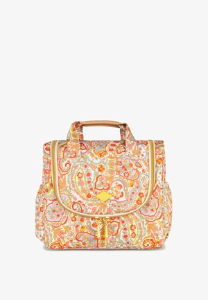 Bolso de estampado floral multicolor con forma estructurada, asas de color tostado y un zipper en la parte delantera. Presenta patrones intrincados y acentos dorados.