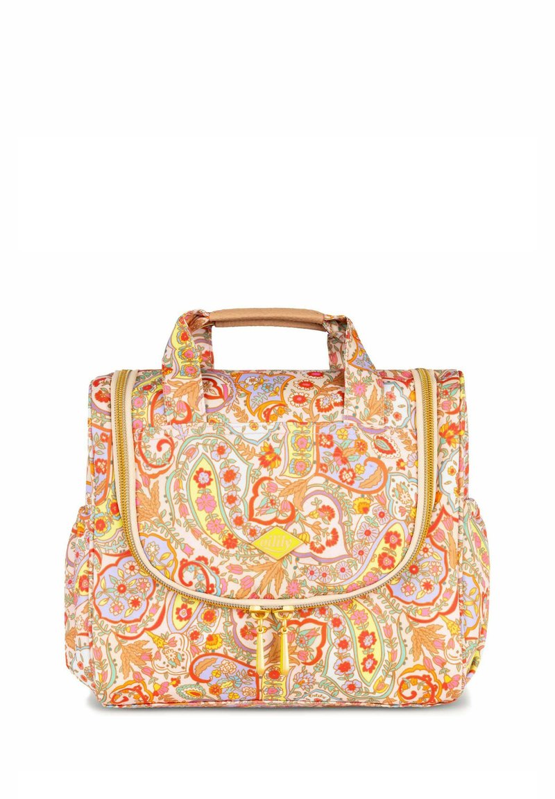 Bolso de estampado floral multicolor con forma estructurada, asas de color tostado y un zipper en la parte delantera. Presenta patrones intrincados y acentos dorados.