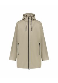 Chaqueta impermeable beige con capucha, cremallera negra y cordones de ajuste, dos bolsillos laterales, corte holgado y una textura suave y mate.