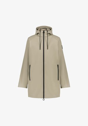 Beige waterdichte jas met een capuchon, zwarte rits en trekkoordjes, twee zijzakken, losse pasvorm en een gladde, matte textuur.