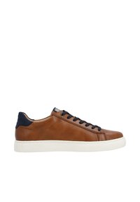 Brown leather sneaker with navy accents, black laces, and a white sole. Features a rounded toe and subtle stitching details.