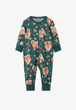 Green cotton onesie featuring a gingerbread house pattern, with long sleeves, a front zipper, and ribbed cuffs.