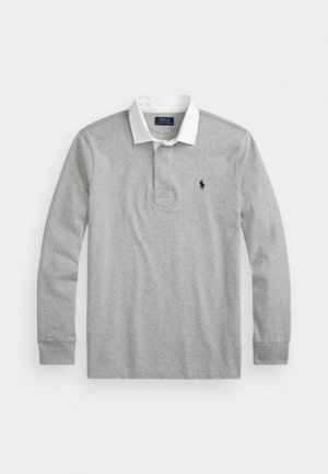 Grey long-sleeve polo shirt with a white collar, featuring a small navy logo on the left chest and a placket with three buttons.