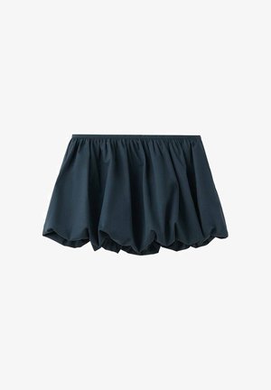 Fustă balon de culoare bleumarin închis, cu talie elastică adunată și siluetă voluminoasă, bufantă.