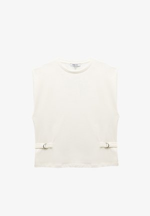 White sleeveless top made of soft fabric with a crew neck. Features two fabric straps with metal rings on the sides for adjustment.