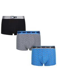 Tre paia di boxer DKNY: uno nero con una fascia argentata, uno grigio con un motivo a logo e uno blu con un design simile a logo.