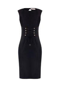 Schwarzes, ärmelloses Midi-Kleid mit figurbetontem Schnitt und Schnürung im Korsett-Stil an der Taille, mit goldenen Ösen und Schnüren vorne.