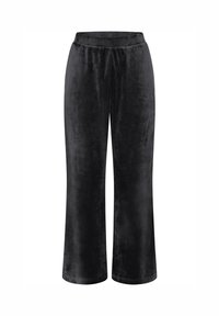Zwarte, wijde broek gemaakt van zacht fluwelen stof. Heeft een elastische tailleband en een gladde textuur. Geen zichtbare patronen of accenten.