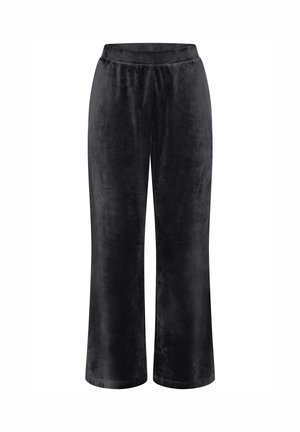Zwarte, wijde broek gemaakt van zacht fluwelen stof. Heeft een elastische tailleband en een gladde textuur. Geen zichtbare patronen of accenten.