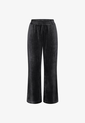 Mustat, leveälahkeiset housut pehmeästä samettikankaasta. Varustettu joustavalla vyötärönauhalla ja sileällä pinnalla. Ei näkyviä kuvioita tai koristeita.