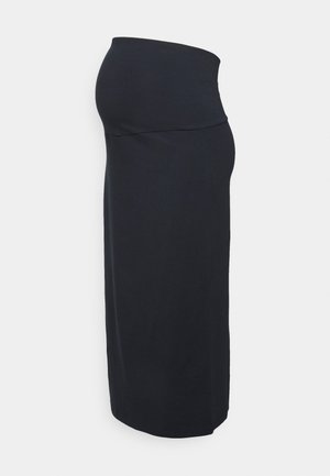 Jupe de maternité noire mi-longue avec une taille haute et élastique conçue pour accueillir le ventre de grossesse.