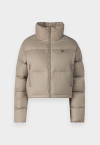 Giacca imbottita accorciata di un beige chiaro, con colletto alto, zip frontale e due tasche laterali con zip. Maniche lunghe fin sopra il polpaccio con dettagli cuciti.