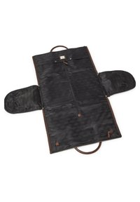 Sac de voyage noir avec un motif géométrique, des accents en cuir, des poches latérales doubles et une poignée supérieure pour un transport facile.