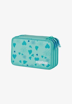 Aqua zippered pencil case with heart patterns in varying shades of blue. Features multiple compartments and a textured fabric surface.