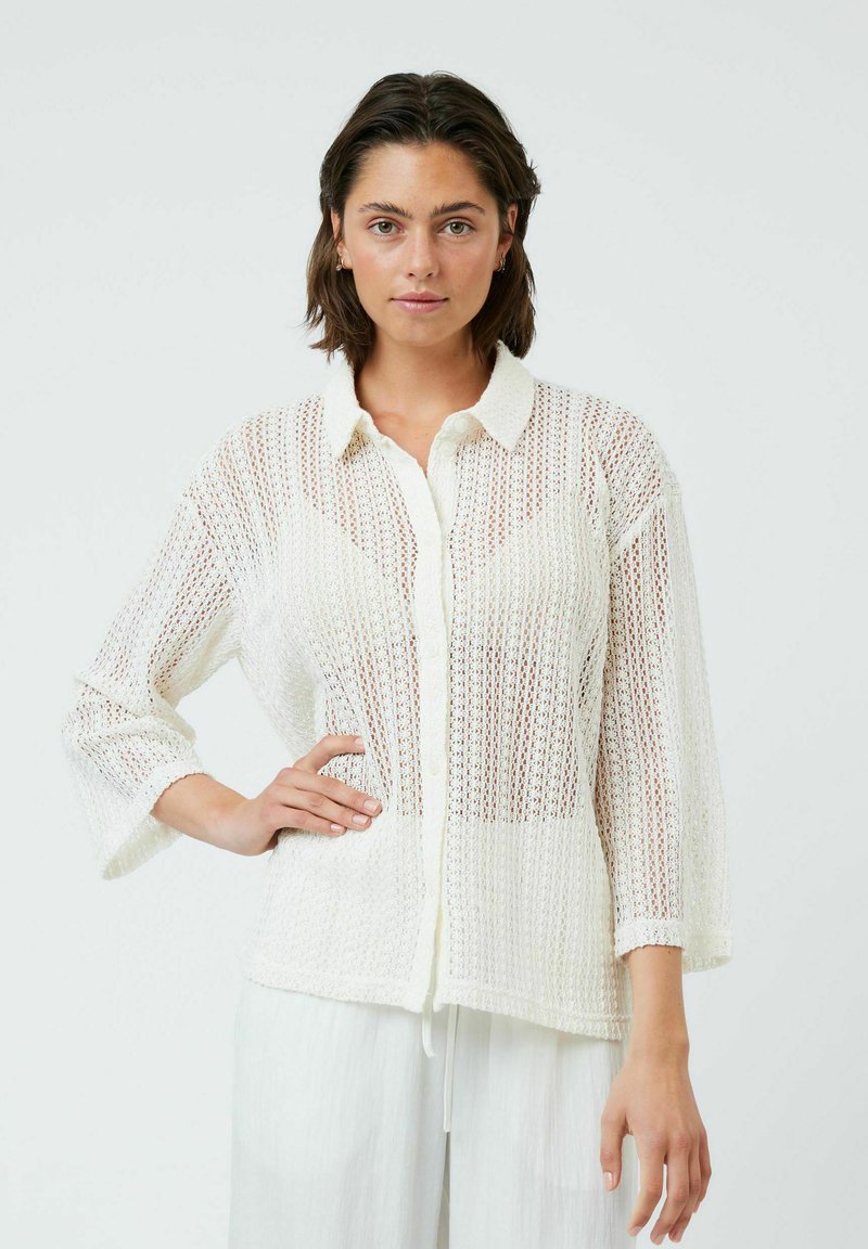 White, open-knit button-up shirt with three-quarter sleeves, featuring a fold-down collar and a relaxed fit, made of lightweight yarn.