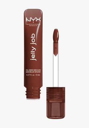 NYX Jelly Job Lippenlipgloss in einer dunkelbraunen Tube mit weißem Text. Enthält einen klaren Applikator mit abgerundeter Spitze. 0,27 fl. oz. (8 ml).