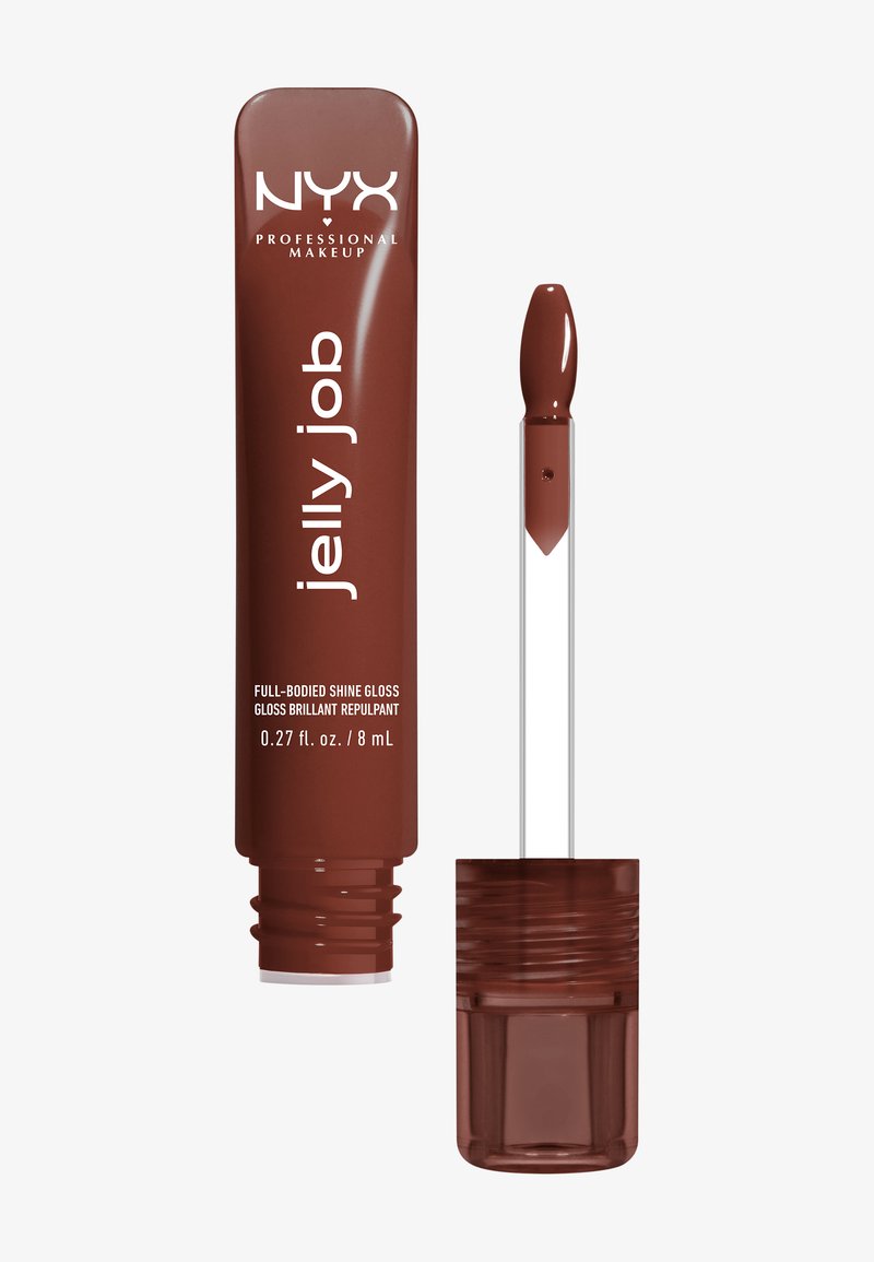 NYX Jelly Job Lippenlipgloss in einer dunkelbraunen Tube mit weißem Text. Enthält einen klaren Applikator mit abgerundeter Spitze. 0,27 fl. oz. (8 ml).