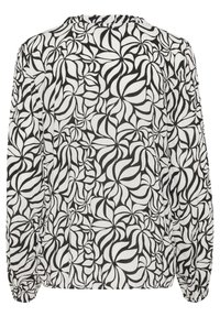Long-sleeve blouse with a black and white swirling leaf pattern, made from lightweight fabric; features a gathered neckline and elastic cuffs.