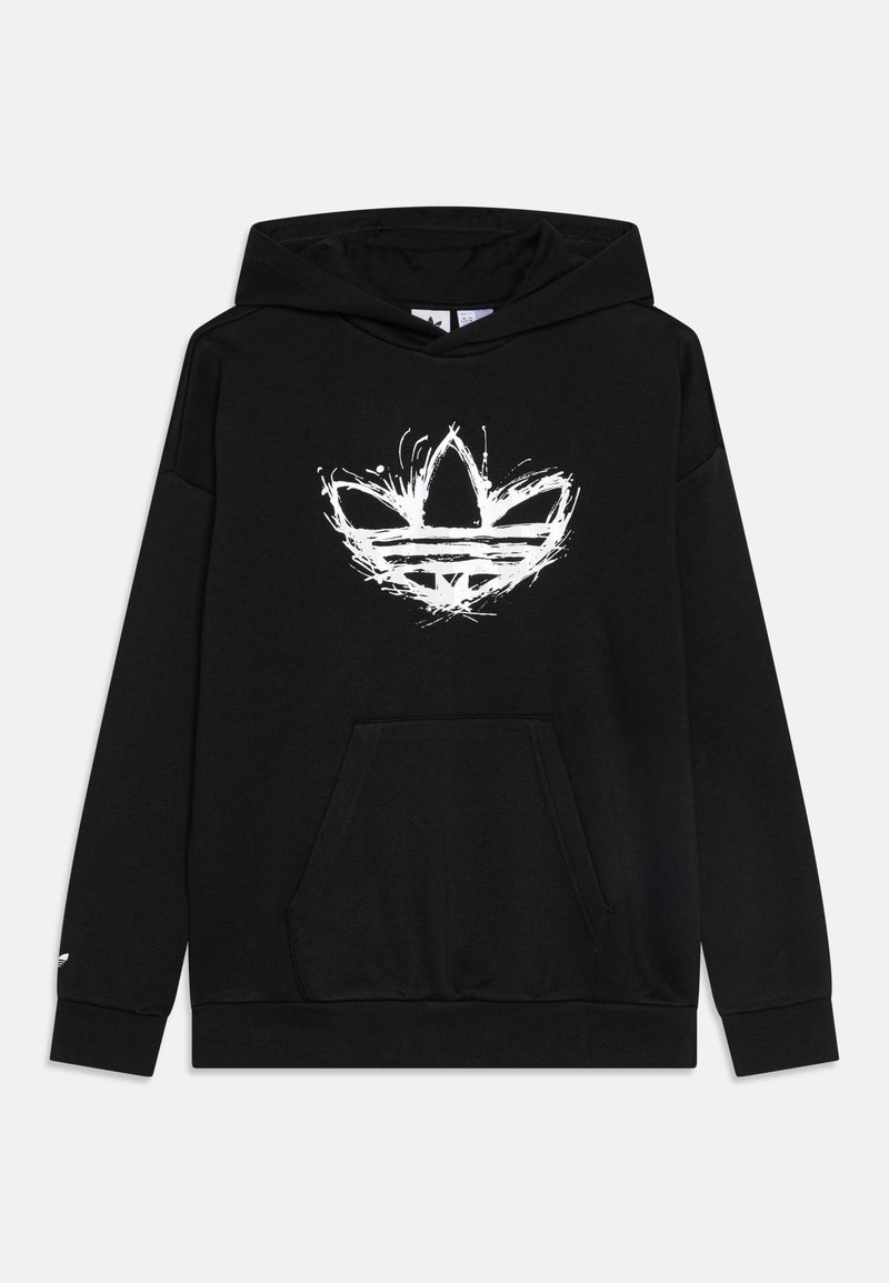 Black hooded sweatshirt with a white graphic logo on the front, featuring a front kangaroo pocket and ribbed cuffs. Soft fabric texture.