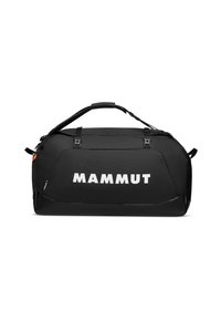 Zwarte sporttas van duurzaam materiaal, met een groot logo aan de voorkant, dubbele draaghandvatten en een zijbevestigingspunt voor accessoires.